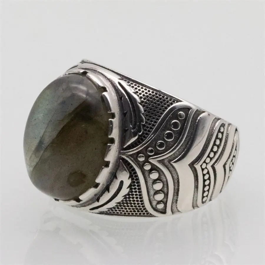 Wholesale Real 925 Sterling Silver Ring Men Natural Labradorite Stone Handmade Vintage Wedding Male Ring Jewelry