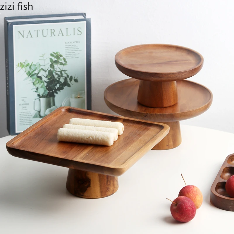 Solid Wood High Footed Dessert Plate Display Stand Cake Stand Bread Plates Dim Sum Dish Sushi Plate Fruit Plates Snack Bowl Tray