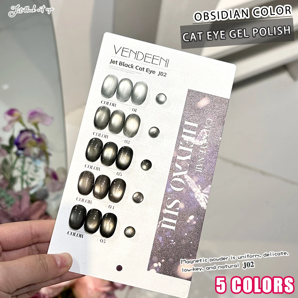 Vendeeni 5 Farben/Set Schwarzer Kristall-Katzenaugen-Gel-Nagellack Magnetischer UV-Soak-Off-Gel-Lack Obsidian-Katzenaugen-Gel mit Display – Detail 4