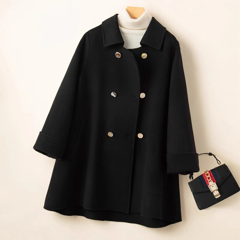

New Women Double-faced Wool Blended Coat Autumn Fashion Double Breasted Loose Waist Short Woolen Coat Casual Medium Long Coat
