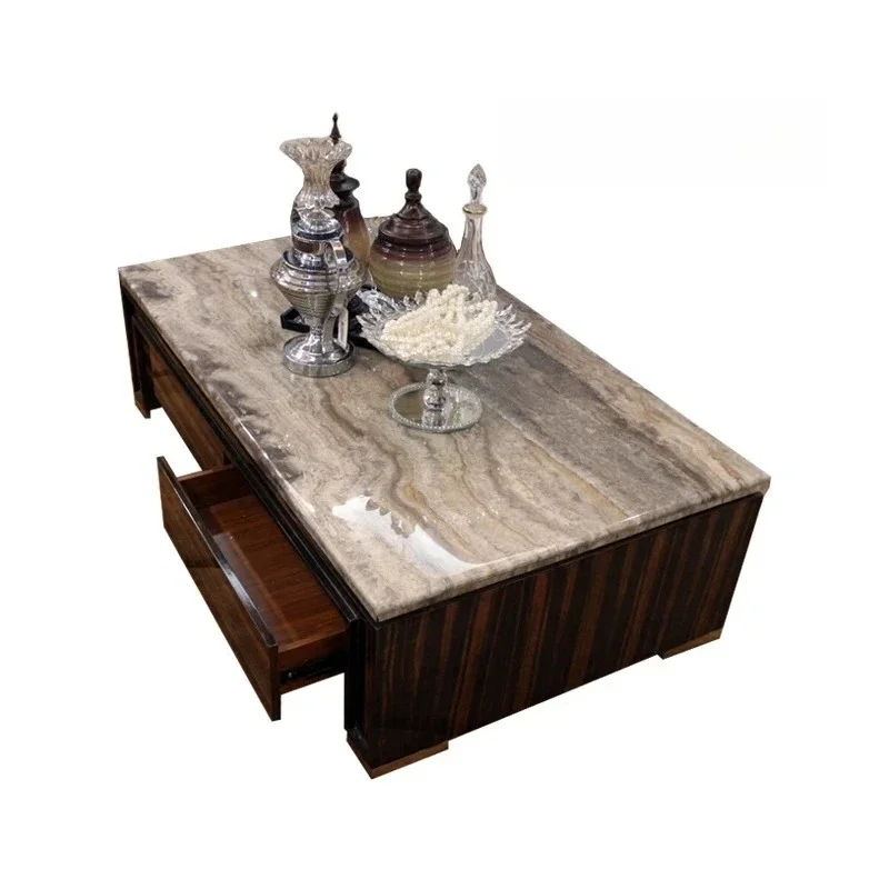 A Natural gray hole stone coffee table TV cabinet Modern rectangular black sandalwood living room furniture can be customized