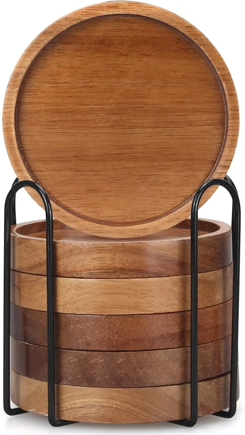 6 Pcs/Set Eco-Friendly Natural Wood Coaster & Tray Set Acacia Golden Willow Wood Heat Resistant Drink Cup Mat with Holder Customizable for Home Kitchen Coffee Bar Table Rustic Decor Accessories