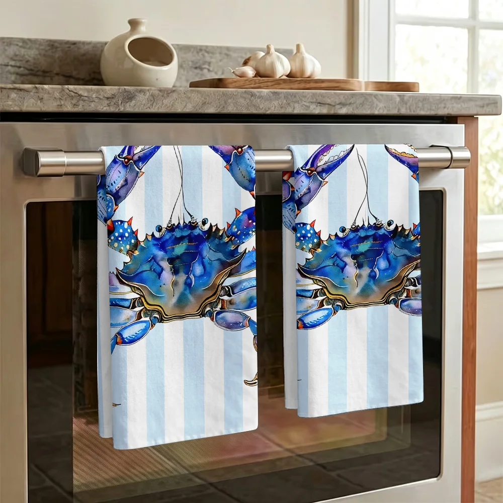 1pc/2pcs Printed Blue Crab Stripe Kitchen Towel-Super absorbent, reusable polyester dishcloths perfect for home decor, cooking,