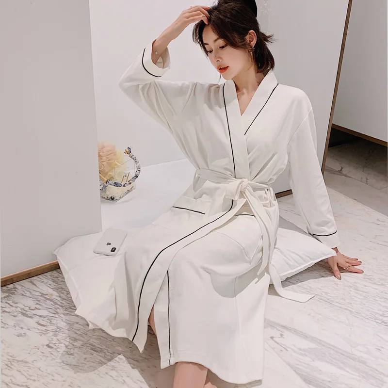 White Pure Cotton Long Sleeve Sleepwear Robe Unisex Summer Loose plus Size Beauty Salon Bathrobe V-Neck Home Comfortwear
