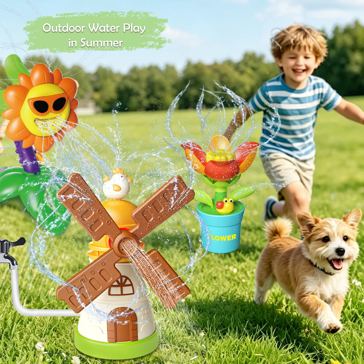 

Water Spray for Kids Toys, Sprinkler Summer Outdoor Rotatable Windmill Flowerpot Sunflower Splash Water Play Gifts