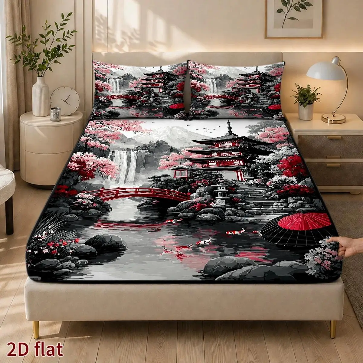 Three-Piece Fitted Sheet Set (Includes 1 Fitted Sheet + 2 Pillowcases) Mattress Protector, Protective Cover, Three-Piece Bed Sheet Set, Elastic Three-Piece Mattress Protector, 1 Fitted Sheet + 2 Pillowcases (Without Filling) 2D Flat Printing, Red Cherry Blossom Waterfall Theme, Traditional Japanese Painting Style, Cherry Blossom Festival, Suitable for All Seasons, Machine Washable