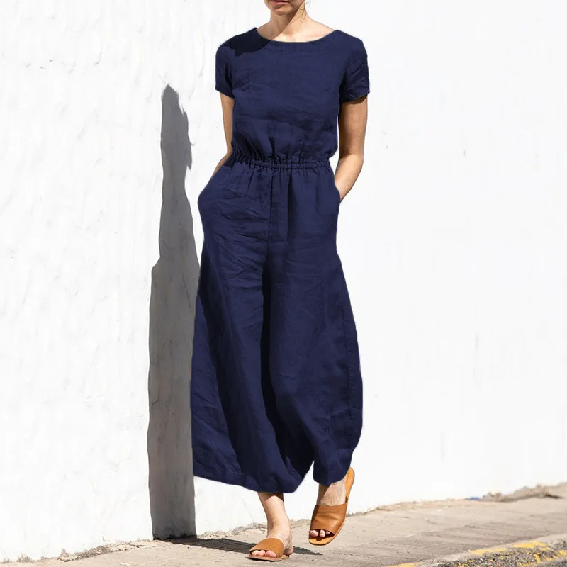 2025 Summer Short Sleeve Rompers Casual Loose Tighten Waist Solid Work Long Playsuit Elegant Women Jumpsuits Retro Overalls
