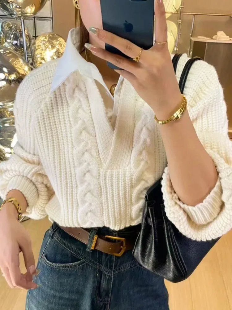 Fake Two-piece Knitt Pullover Sweaters Woman 2023 Autumn Winter Long Sleeve Patchwork Sweater Vintage Casual Loose Jumper Pull