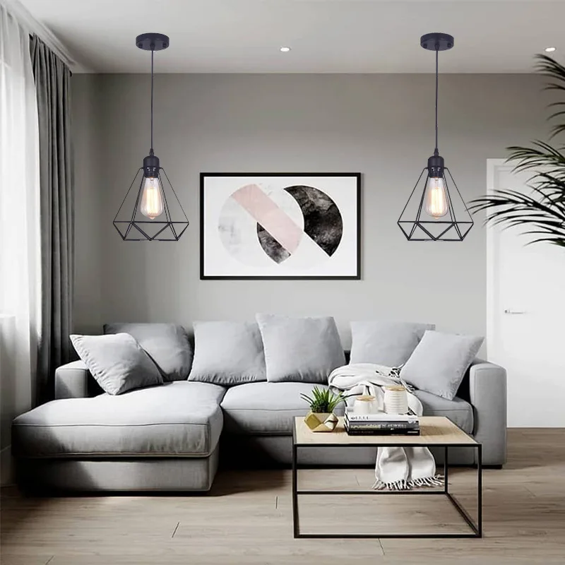 Vintage Simple Iron Line Art Pendant Light Diamond-shaped Bar Counter Hotel LED Haning Ceiling Lamps Popular Indoor Lighting E27