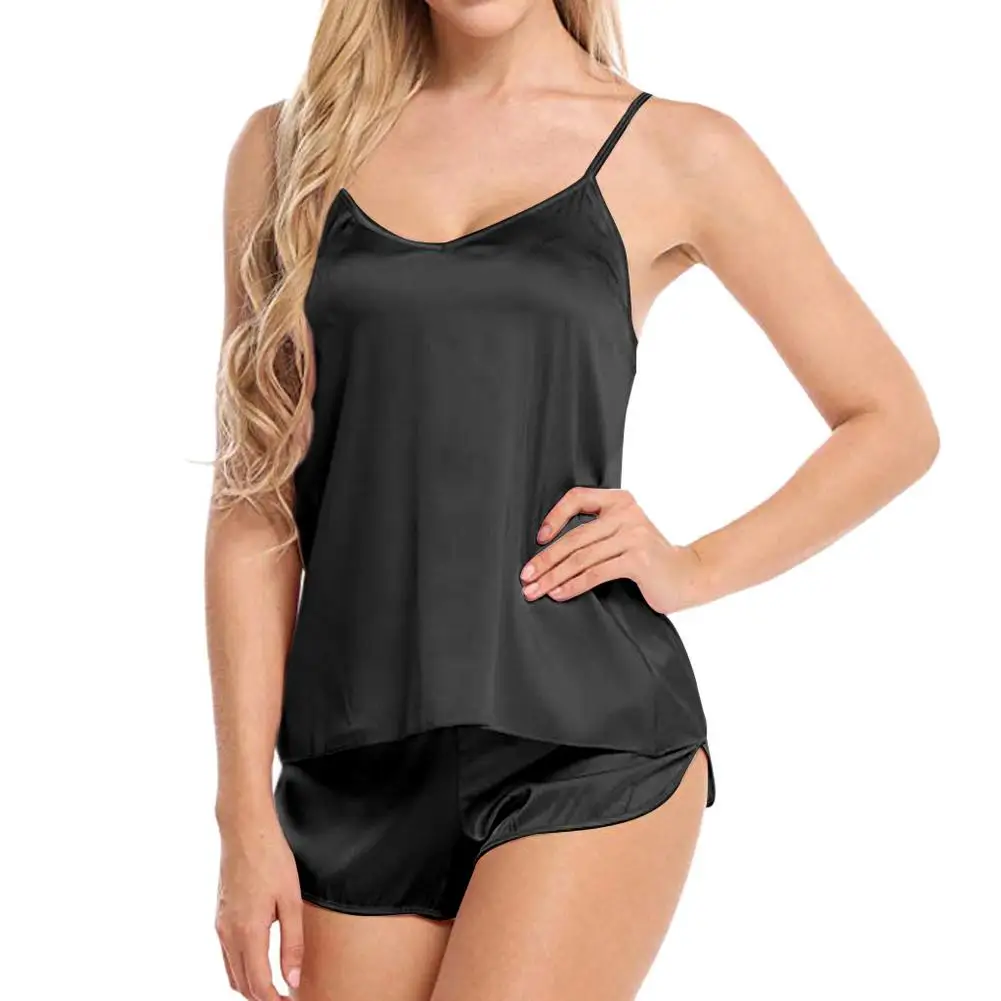 Sexy Backless Deep V Luxury Summer Sleepwear Set Soft Satin Pajamas Set for Women Comfortable Short Sleeve Cami & Shorts