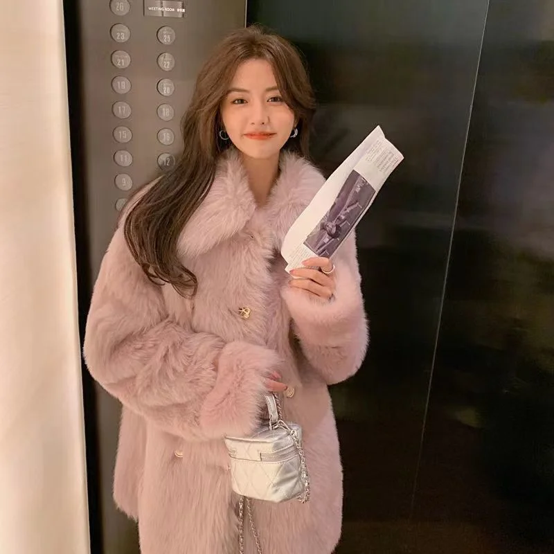 2023 New Women Winter Faux Fur Coat Mid Length Version Furs Overcoat Loose Adding Cotton Jacket Artificial Fur Collar Outwear