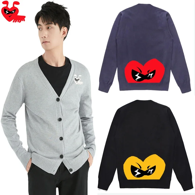 Break Egg Men V-neck Cardigan  Cartoon Ant Embroidery Lower Half Heart Print Single Breasted Long Sleeved Autumn Fit Sweater