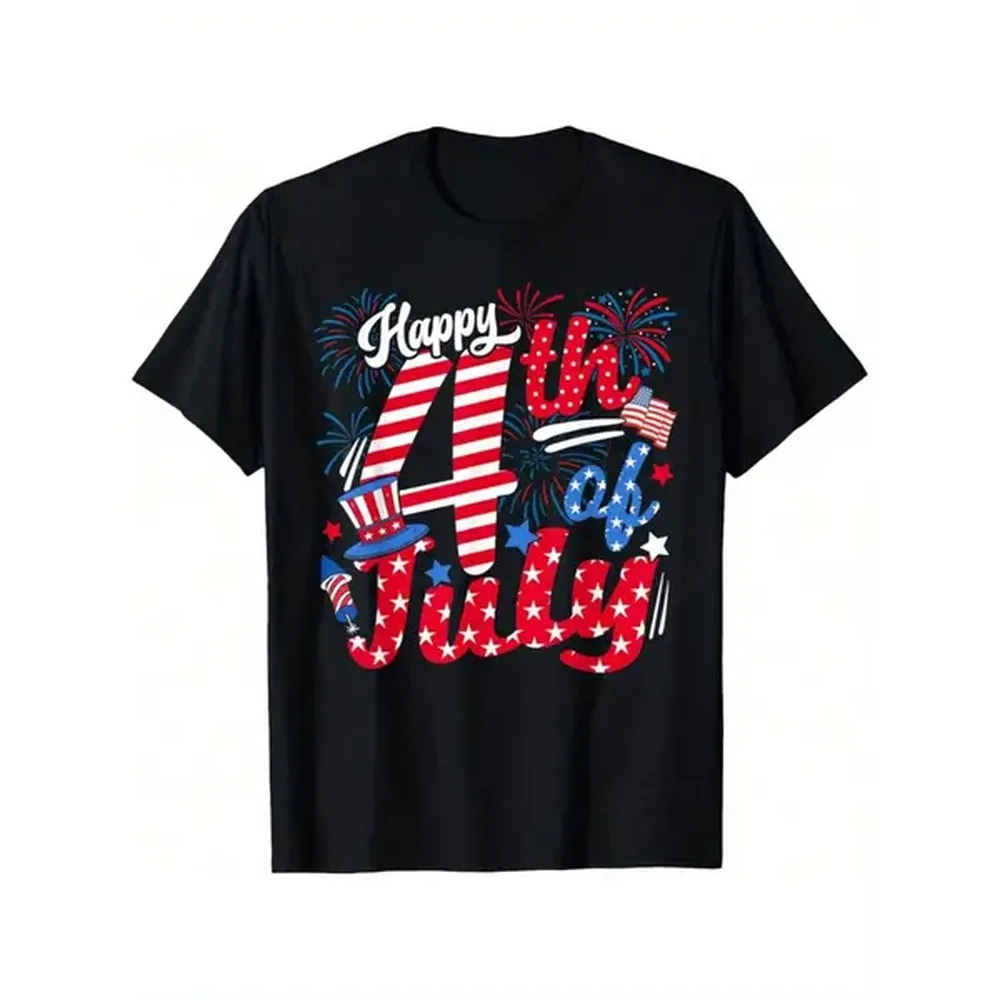 Cotton Short Sleeve T-Shirt Men's 4th of July Independence Day Graphic T-Shirt - Soft Cotton, Short Sleeve, Black with 