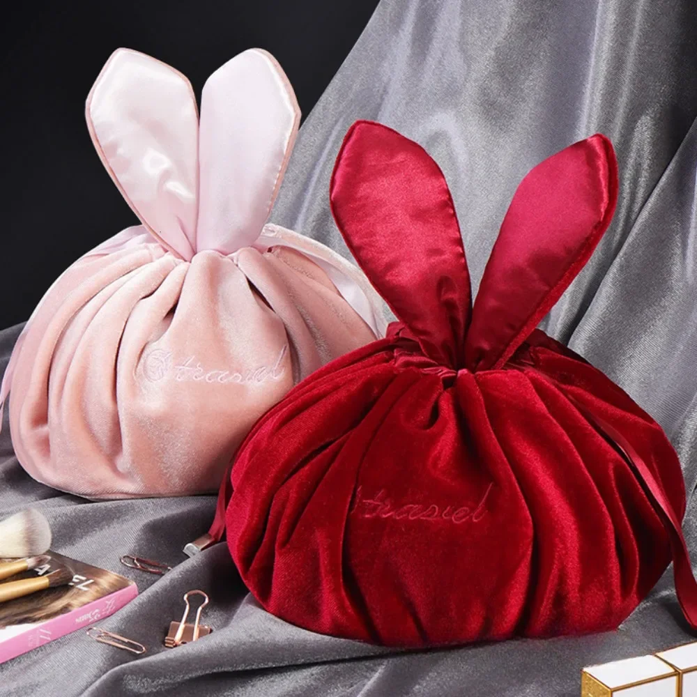 Cosmetic Bag Round Velvet Soft Makeup Bag Drawstring Rabbit Ear Travel Make Up Organizer Female Toiletry Beauty Storage for Gift