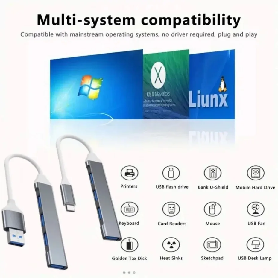 4-Port Multi Branch USB 3.0 Hub USB Hub C-Type Docking Station Adapter OTG C-Type Hub Suitable for PC USB 2.0 Huawei Macbook Pro