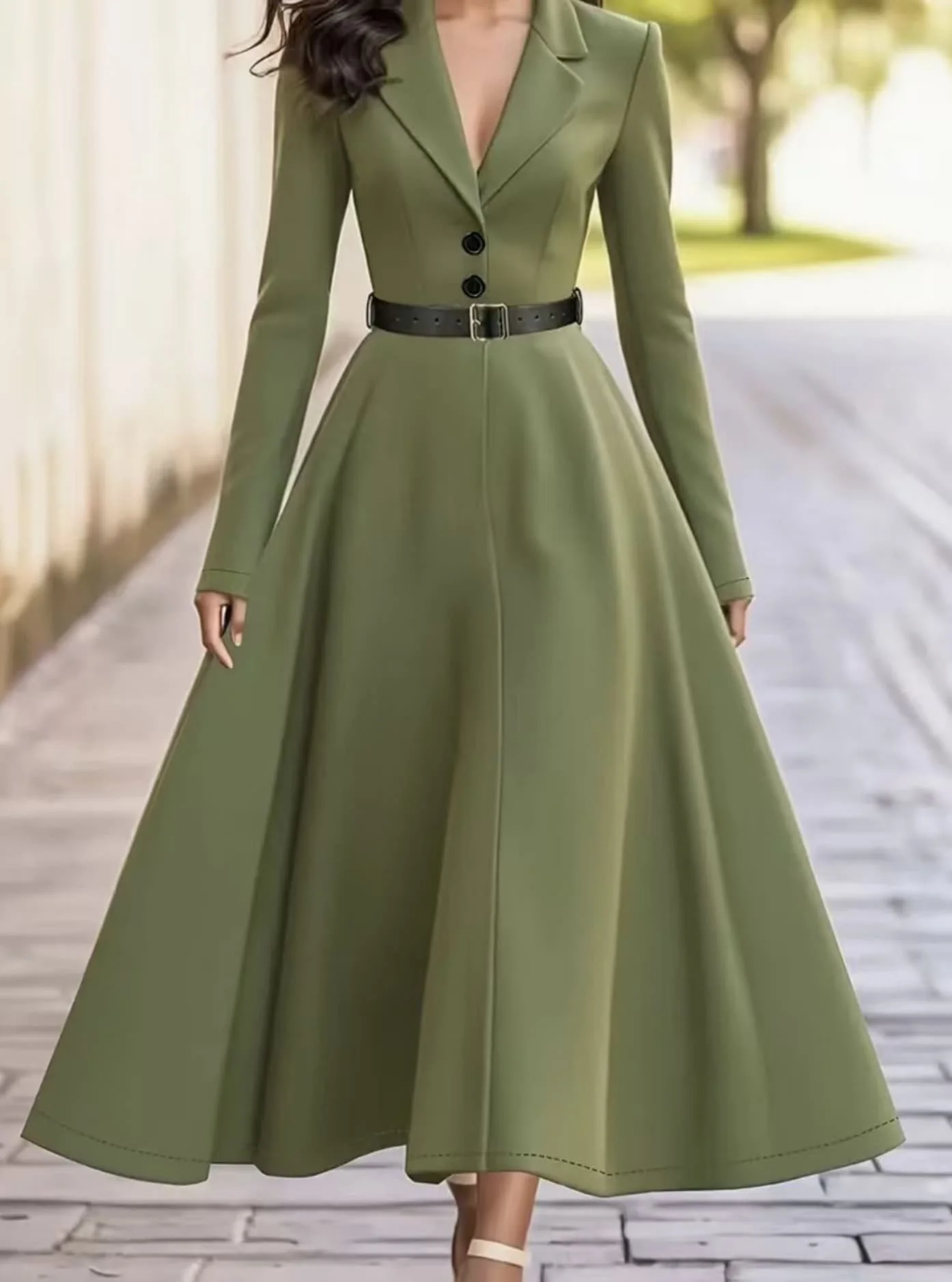 Women's Suit-Style Lapel V-Neck Mid-Length Dress with Long Sleeves, Cinched Waist with Belt, Large A-Line Hem, with Pockets, Suitable for Commuting, Formal Occasions, and Parties