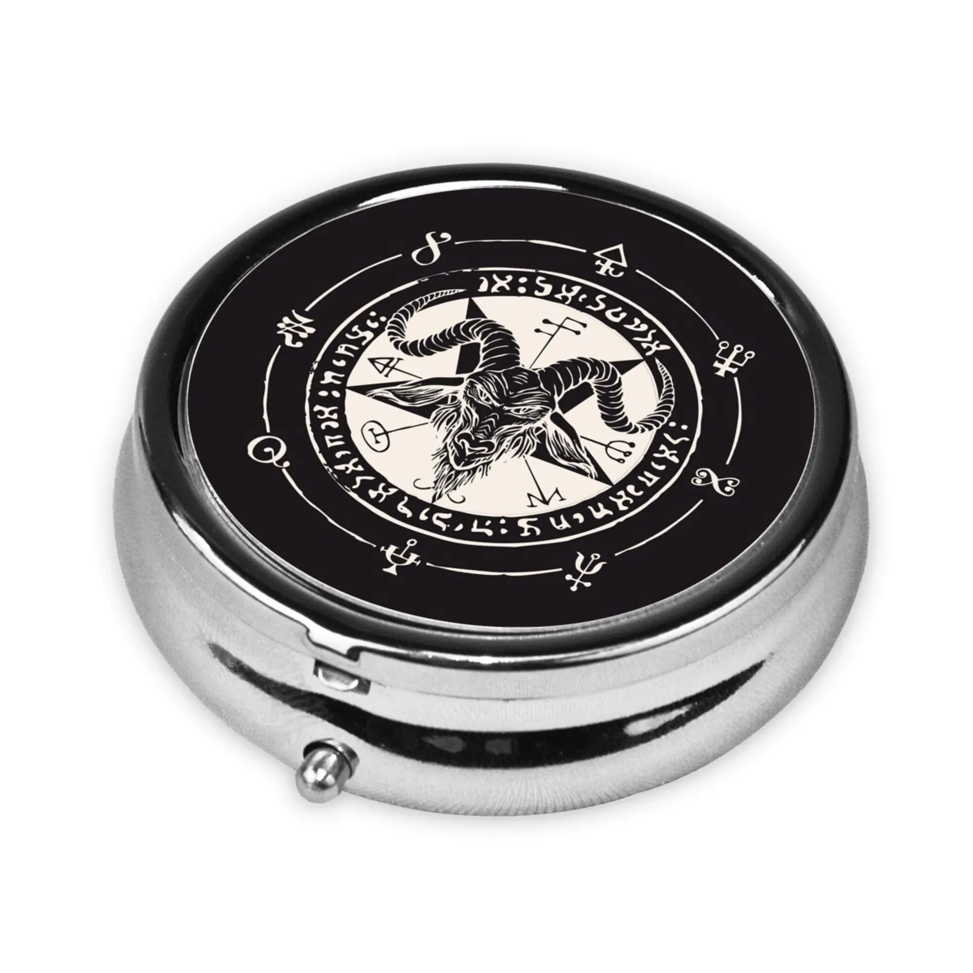 Satanic Black Goat and Pentagram Print Pill Box Round Pill Case Three-Compartment Metal Medicine Vitamin Organizer Unique Gift