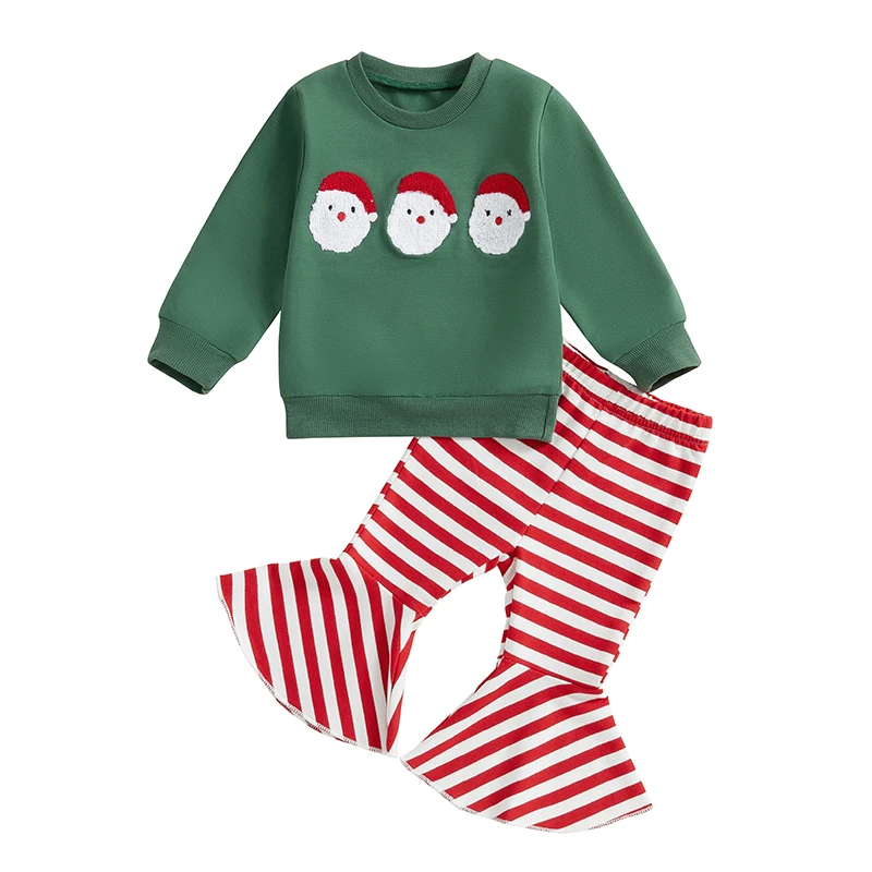 

Toddler Girl Christmas Outfit, Santa Embroidery Long Sleeve Sweatshirt Striped Flare Pants 2 Piece Set