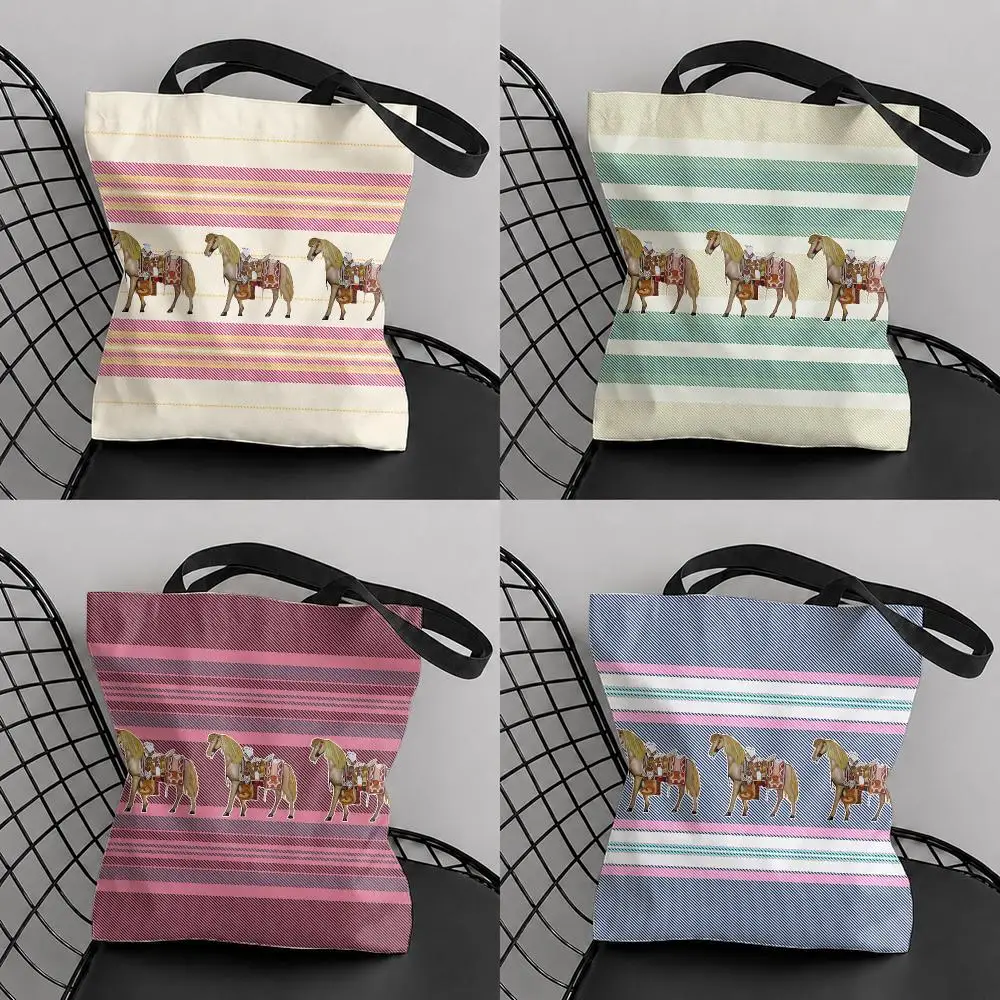 Stylish Striped Horse Design Storage Bags Large Capacity Canvas Tote Bag Reusable Shoulder Handbag for Daily Shopping Travel