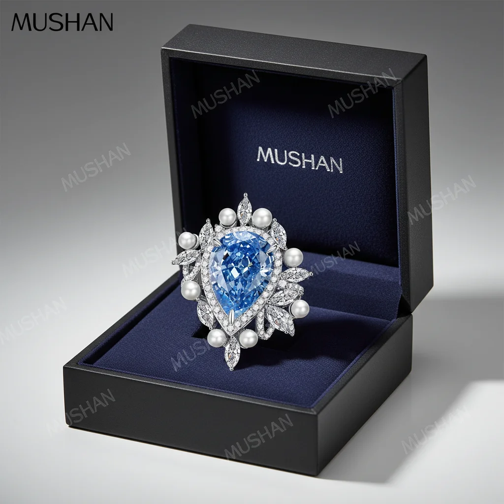 MUSHAN Luxury Jewelry 925 Sterling Silver Rings Bands High Carbon Aquamarine Gemstones 11*15mm Water Drop Ring S925 Fine Jewelry