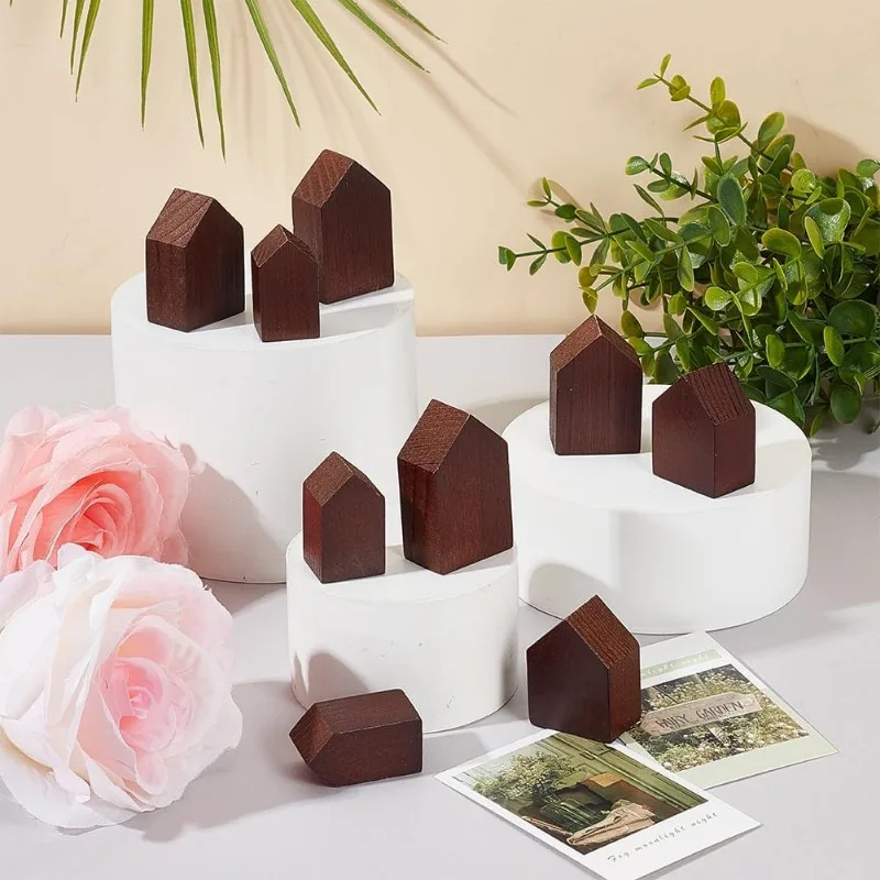 12Pcs 4 Sizes Coconut Brown Wooden House Shaped Blocks Arrow Shape Wooden Tray Plates Blank Wooden Cutouts Farmhouse