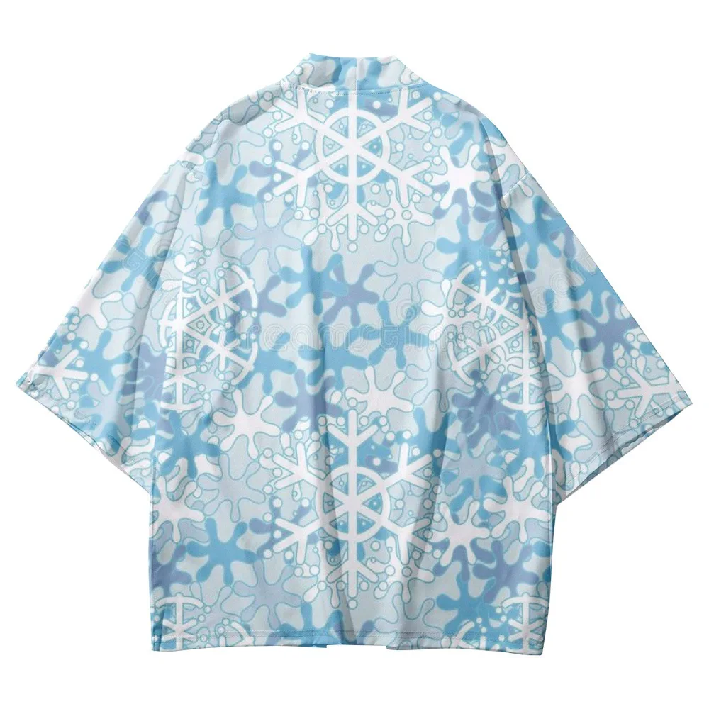 

Japanese Traditional Snowflake Print Kimono Cosplay Samurai Haori Obi Women Men Cardigan Beach Yukata Asian Clothes Plus Size