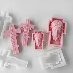 3D Religion Cross Male Avatar Art Candle Making Set Relief English Simulated Portrait Plaster Soap Silicone Mold Home Desk Decor