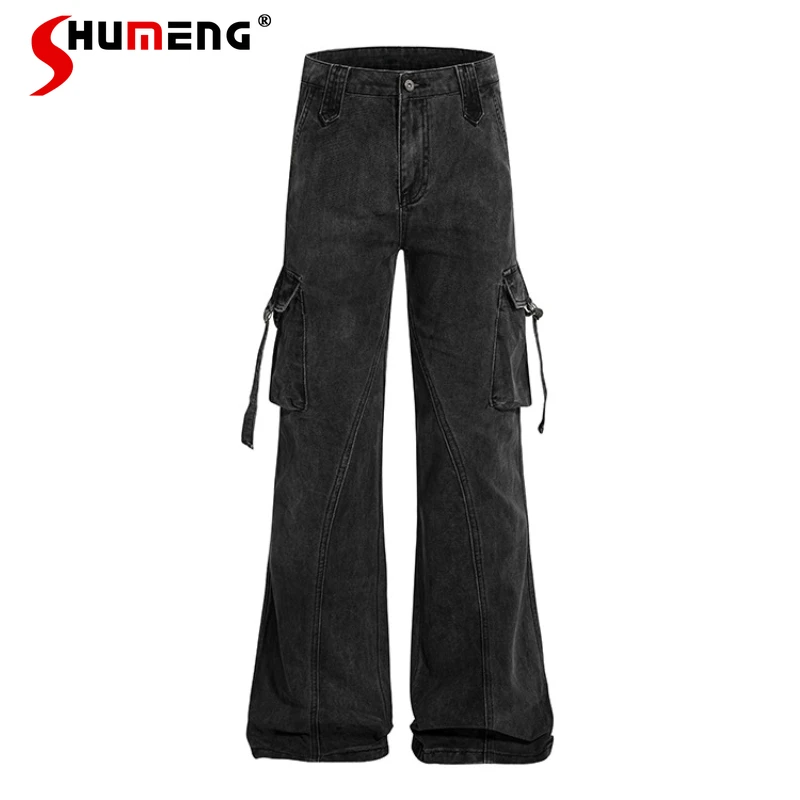 

Мужские модные джинсы с карманами, украшенные карманами, новинка 2025 года, свободные удобные широкие джинсовые брюки с высокой талией, мужские красивые джинсовые брюки на молнии