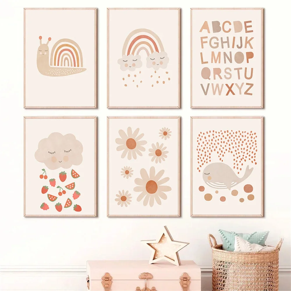 

Boho Daisy Posters Cloud Rainbow Bee Whale Snail Canvas Painting Print Alphabet Wall Art Nursery Picture Baby Kids Room Decor