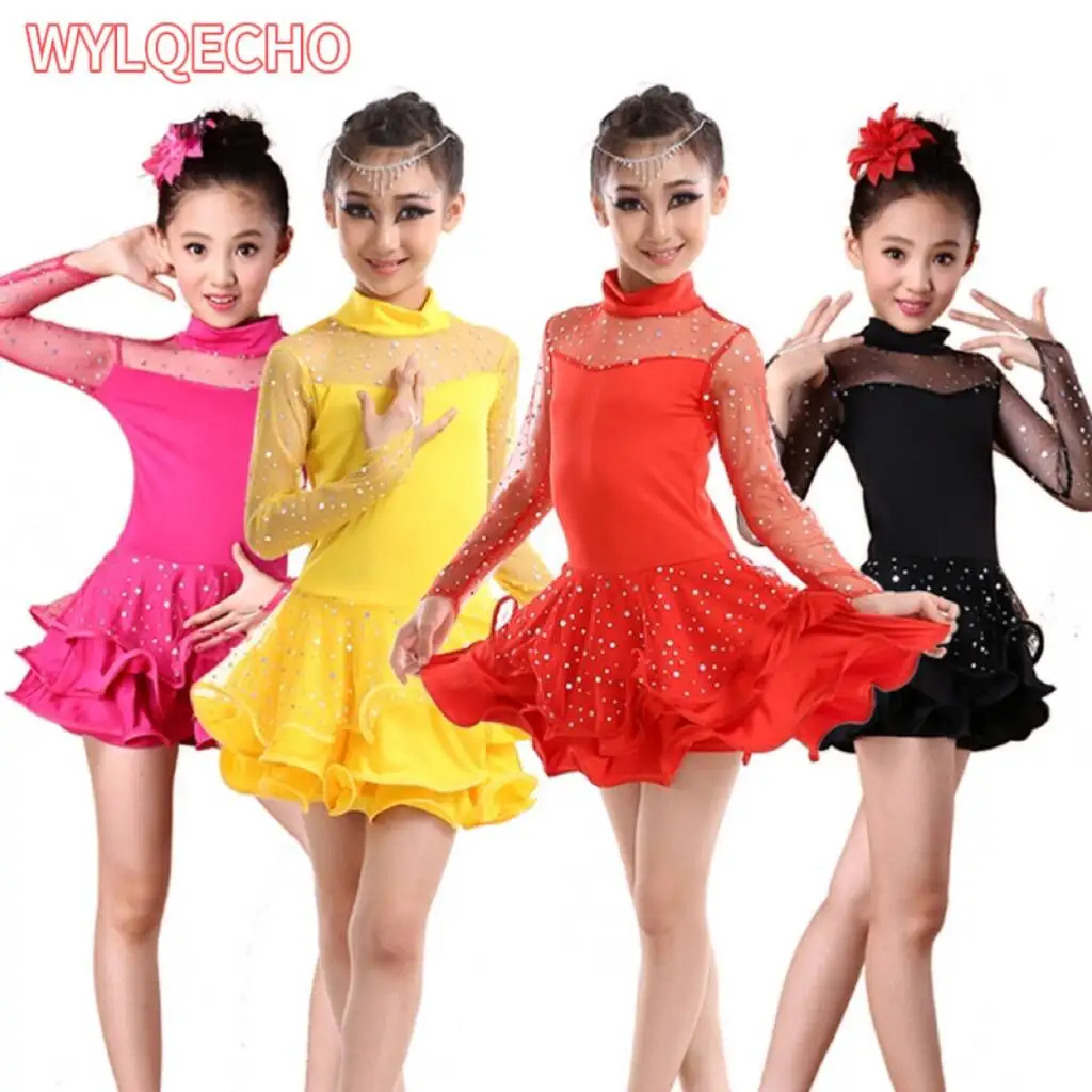 

prodessional latin dance dress for girls Line Long Sleeve Lace Ballroom Dancing Salsa Samba Tango Standard Costume Kids Child