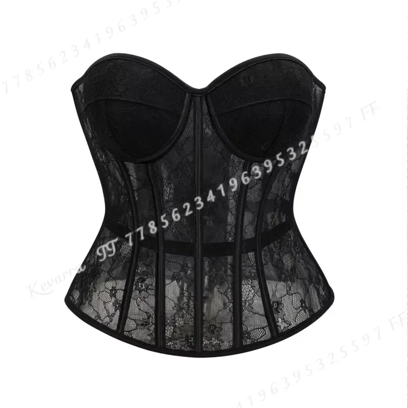 Black See Through Floral Lace Boned Push Up Corset Lingerie Body Shaper Bustier Crop Top Gothic Exotic Women Underwear