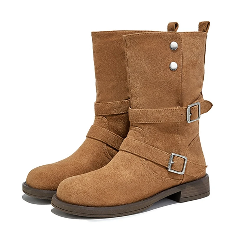 AIYUQI2025 Stivali da cowboy occidentali delle nuove donne Stivali da moto da donna con fibbia antiscivolo Stivali femminili di taglio medio autunno/inverno di grandi dimensioni