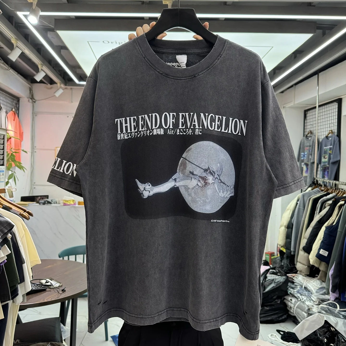 

Retro Washed Cartoon Anime Print Loose Fit Hip Hop Hole Short Sleeve T Shirt American High Street Style Summer Trendy Top