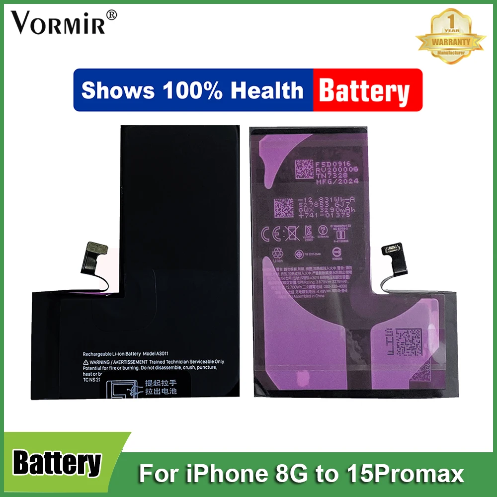 

10pcs Vormir Battery For iPhone SE2/3 11 12 13 14 15Pro X XR XSMax Batteria Replacement Part Shows 100% Health No message Pop-Up