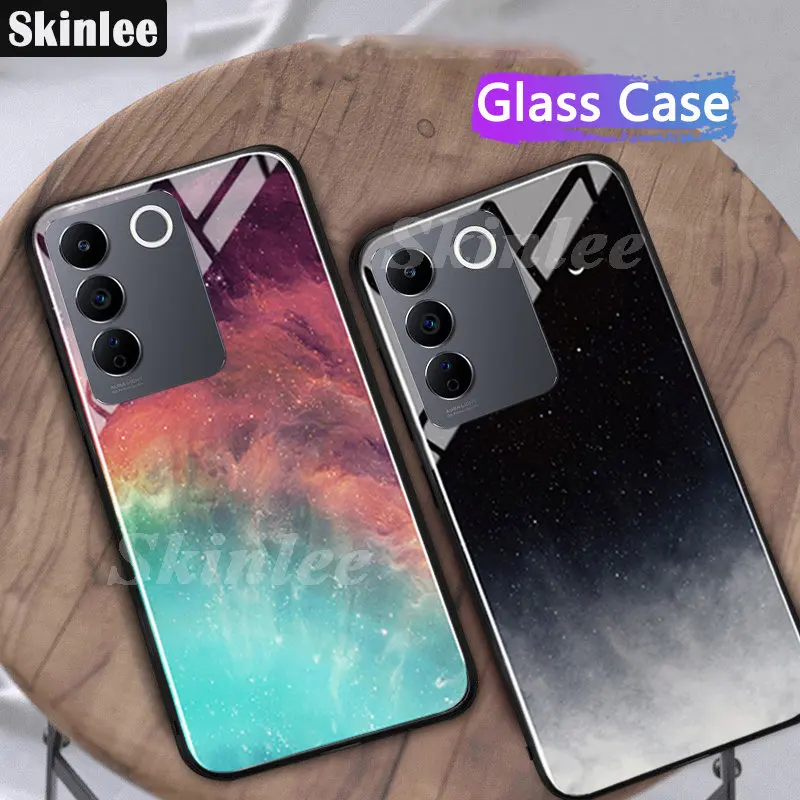 Skinlee Tempered Glass Case For VIVO V27E Cover Marble Print Soft TPU Frame Shockproof Cover For VIVO V27 Pro 5G Case Funda