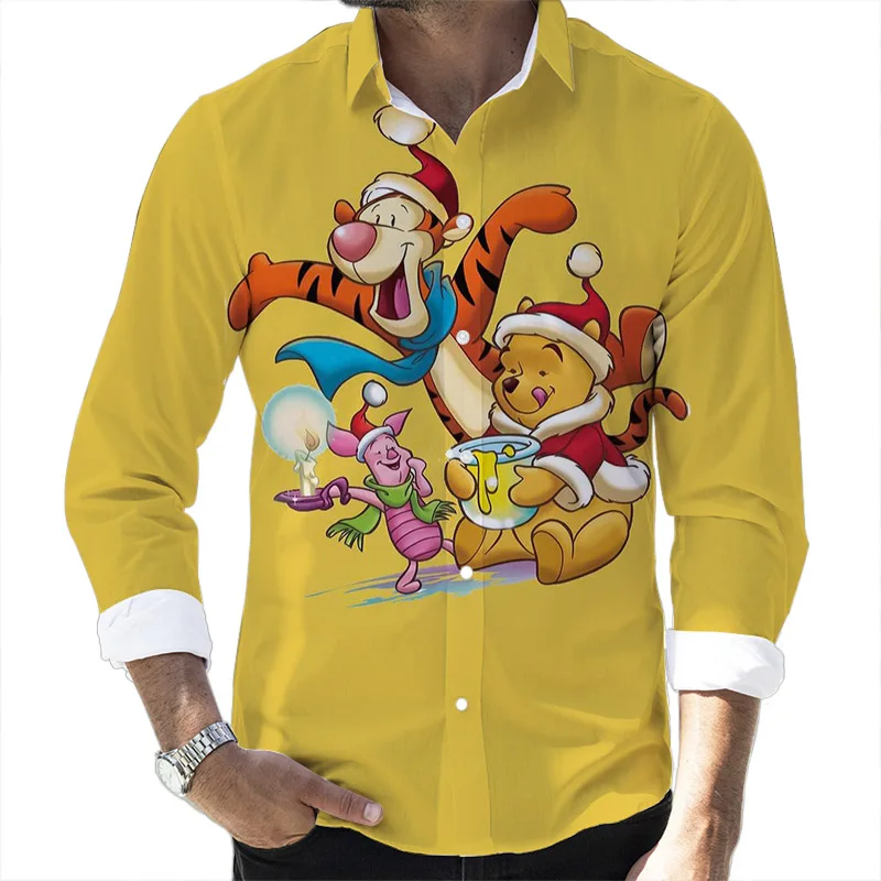 New Christmas Fall Disney Brand Winnie the Pooh and Mickey 3D Printed Long Sleeve Lapel Shirt Harajuku Slim Fit Men's Top Y2K