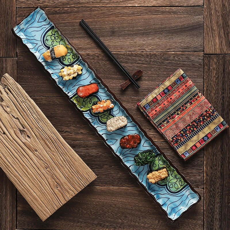 A long 66cm sushi plate, ceramic tableware, creative Japanese cuisine buffet restaurant display plate, rectangular