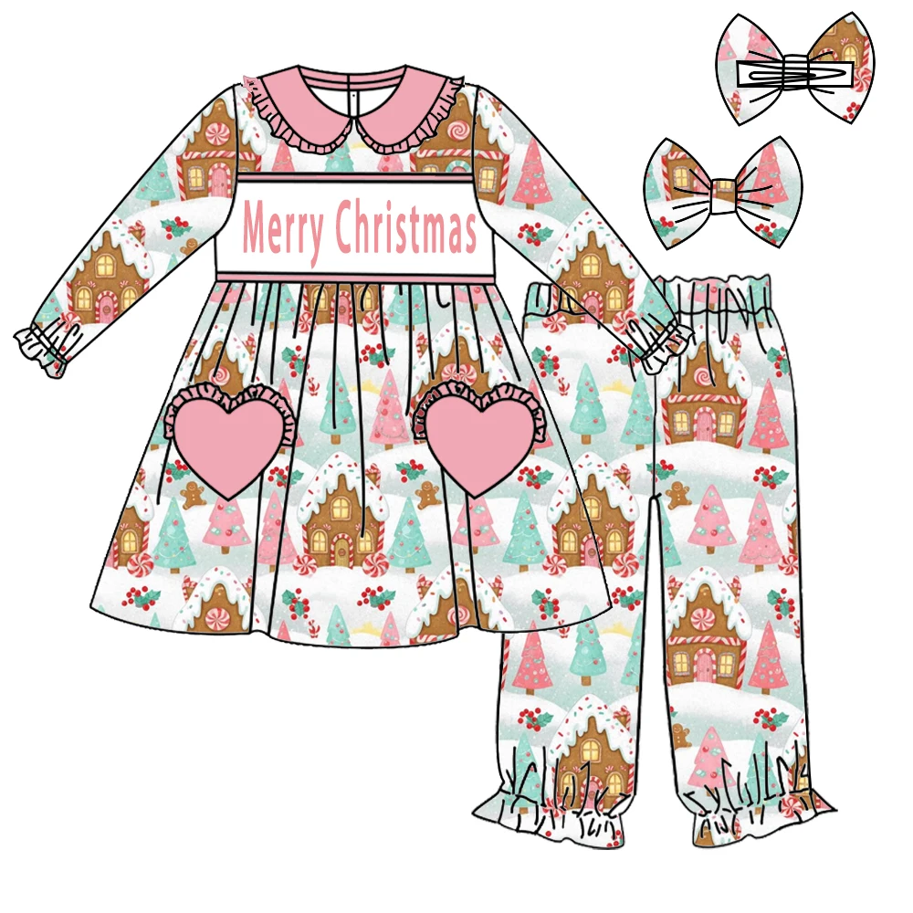 

Christmas boutique children's suit long-sleeved elastic tree house printed trousers girls pajama suit 2-piece set