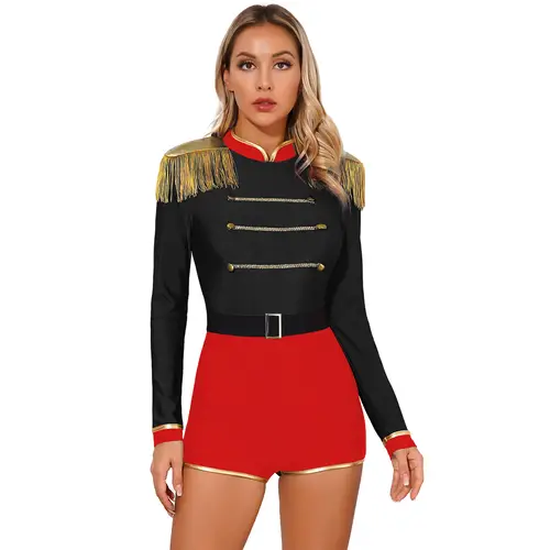 Women Circus Costume Ringmaster Tulle Skirted Tutu Leotard Dress Festival Long Sleeve Fringed Shoulder Halloween Fancy Costume - Image 9