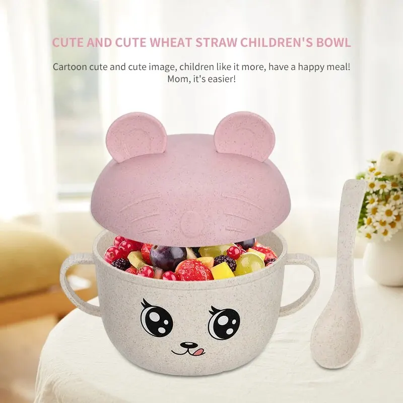 1 PCS Cute Cartoon Childrens Wheat Straw Tableware Set Food Bowl Soup Rice Bowl Kindergarten Tableware Bowl With Lid And Spoon