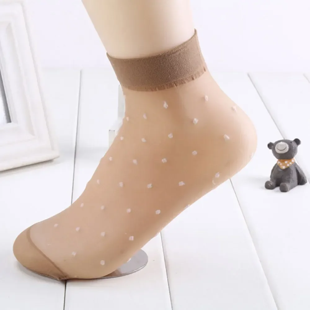 20Pcs=10Pairs Dot Silk Socks Women Transparent Thin Breathable Summer Nylon Short Stock Female Non-Slip Stretch Ankle Sexy Sock