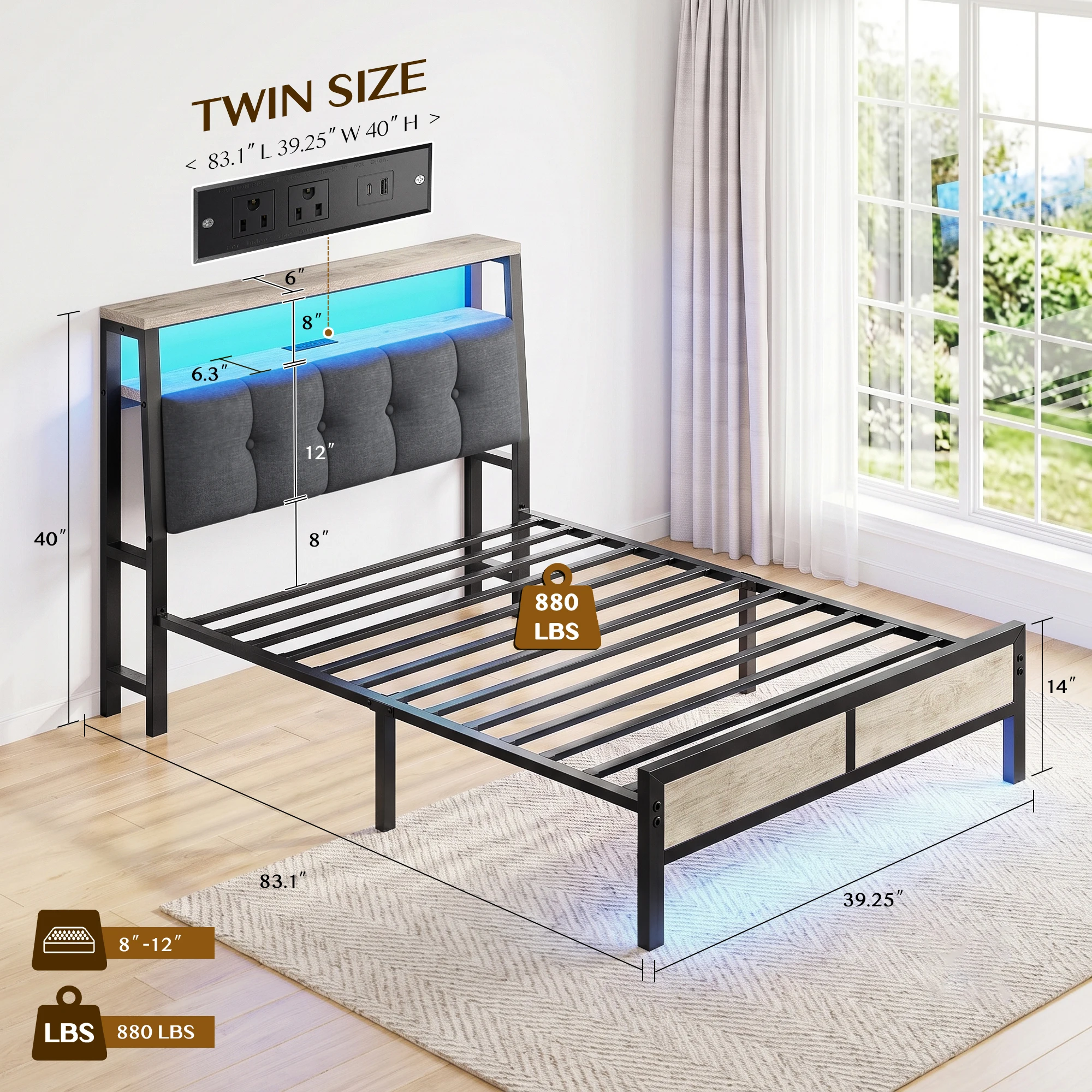 RAYBEE King Bed Frame with Upholstered Headboard & Charging Station Linen Upholstery, 2-Tier Shelf, 2 AC Outlets, Type-C, RGB LED Remote, 12in Underbed Clearance, 1100 lbs, No Box Spring, Grey image 5