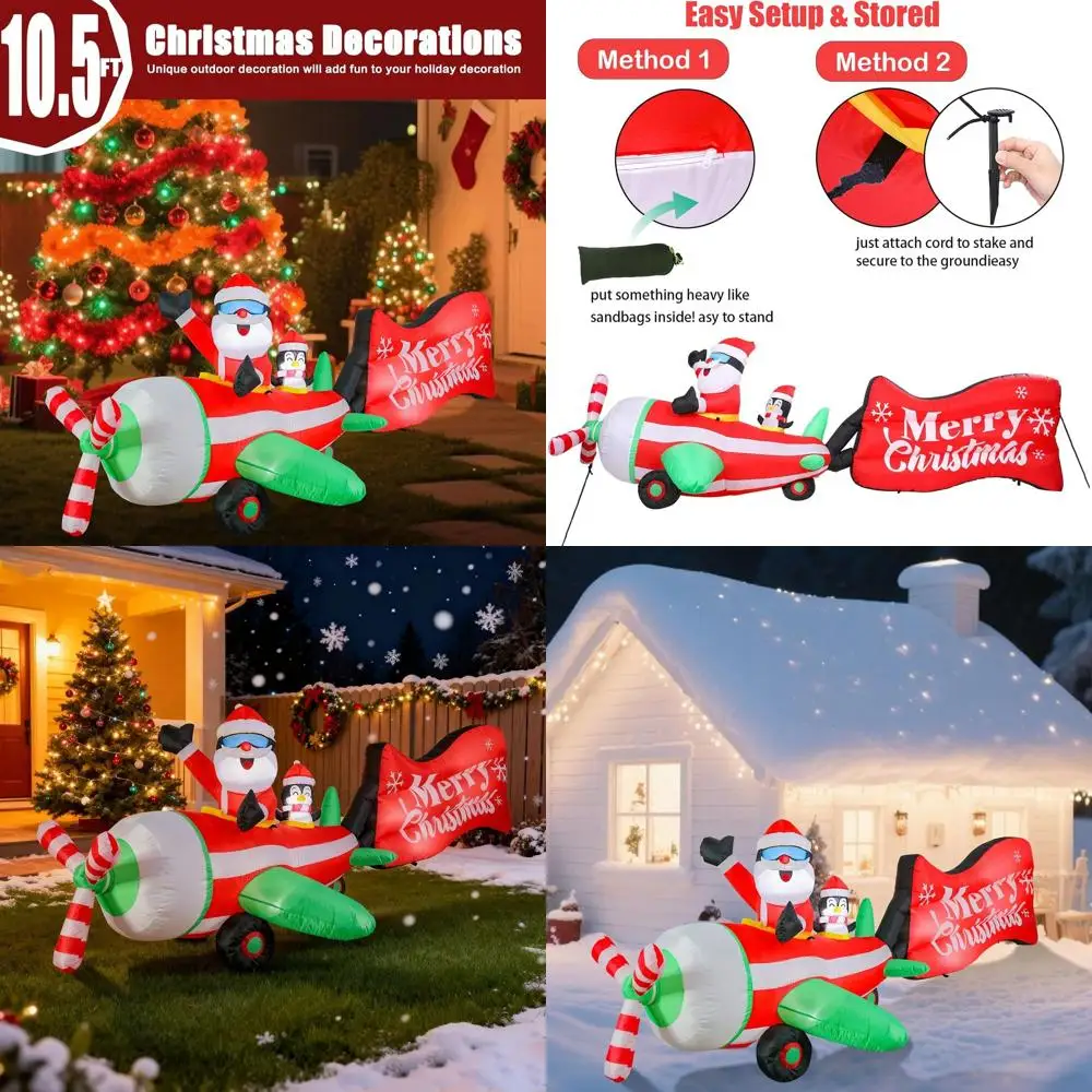 

10.5FT Animated Airplane Santa & Penguin Christmas Inflatable with Rotating Propeller & LED Lights