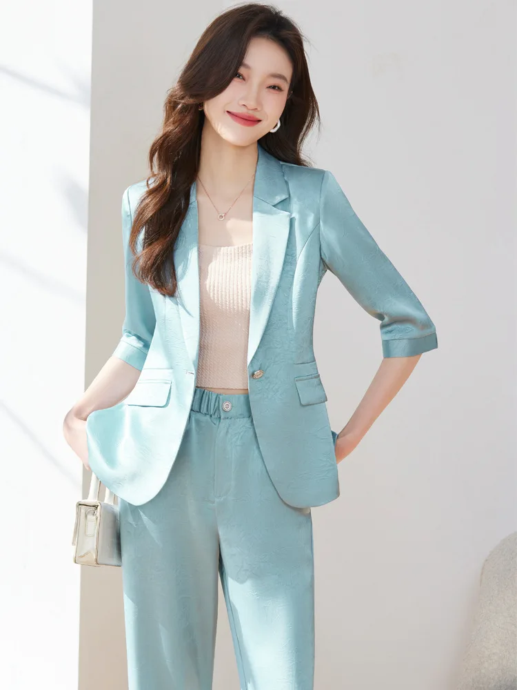 Casual Mid-Sleeve Suit Wide Leg Pants Suit Women Spring and Summer2024Thin Fashion Dark Flower Suit Business Wear Two-Piece Suit