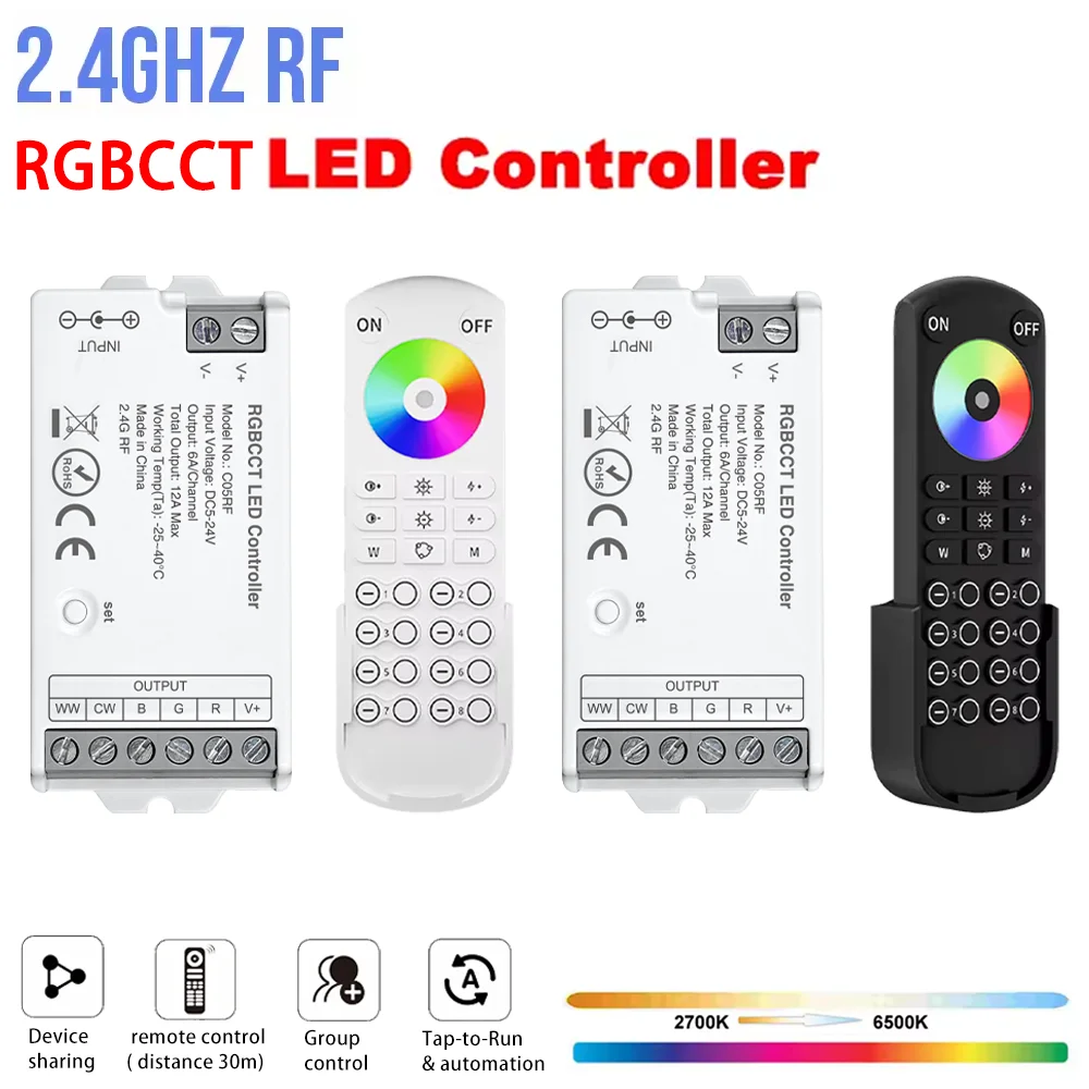 

Mini 2.4GHz LED Light Strip Controller DC5V-24V Led Controller Dimmer 8-Zone RGBCCT Remote Control for RGBCCT LED Strip Light