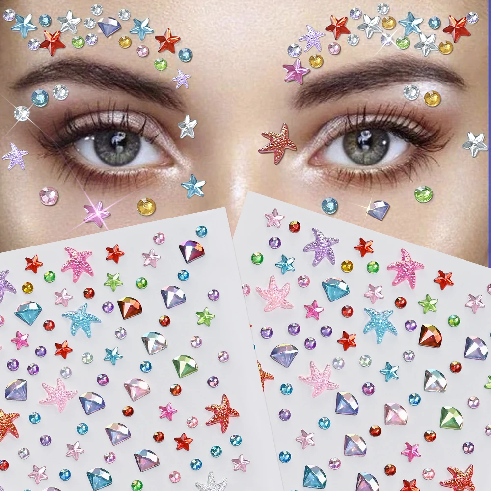 2 Blatt schillernder Stern, rundes Gesicht, Juwelen, Tattoo-Aufkleber, Seestern, Kristall-Edelsteine, gefälschtes Tattoo für Augen- und Körper-Make-up, Strass-Dekor – Detail 2
