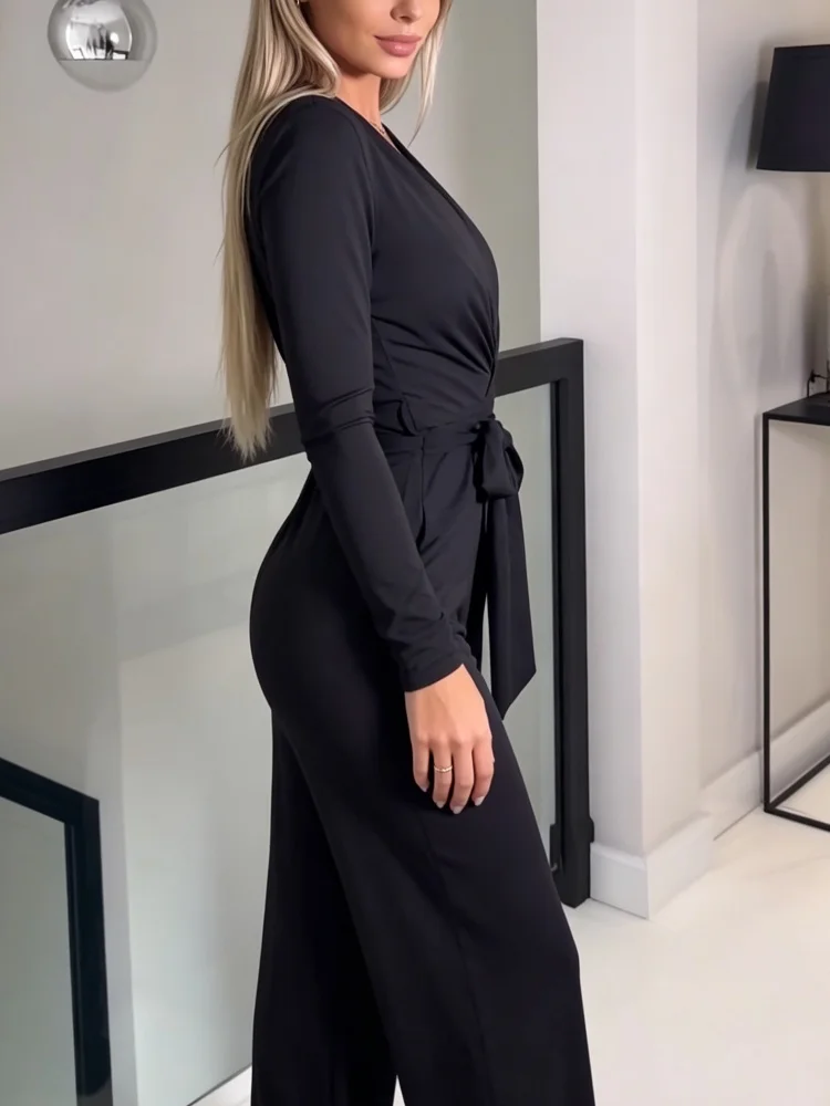 Women Jumpsuit Wrap V Neck Long Sleeve Belt Waist Wide Leg Solid One‑Piece Outfit For Work Date Evening Occasions