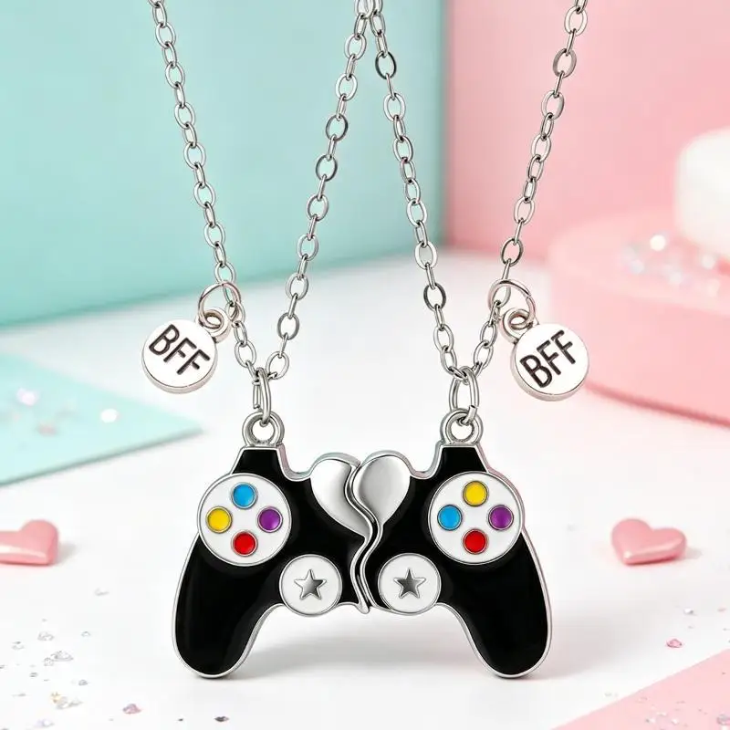 2 Pcs Game Console Handle Magnet Best Friends Pendant Necklace Chain Cute BFF Friendship Jewelry Charm