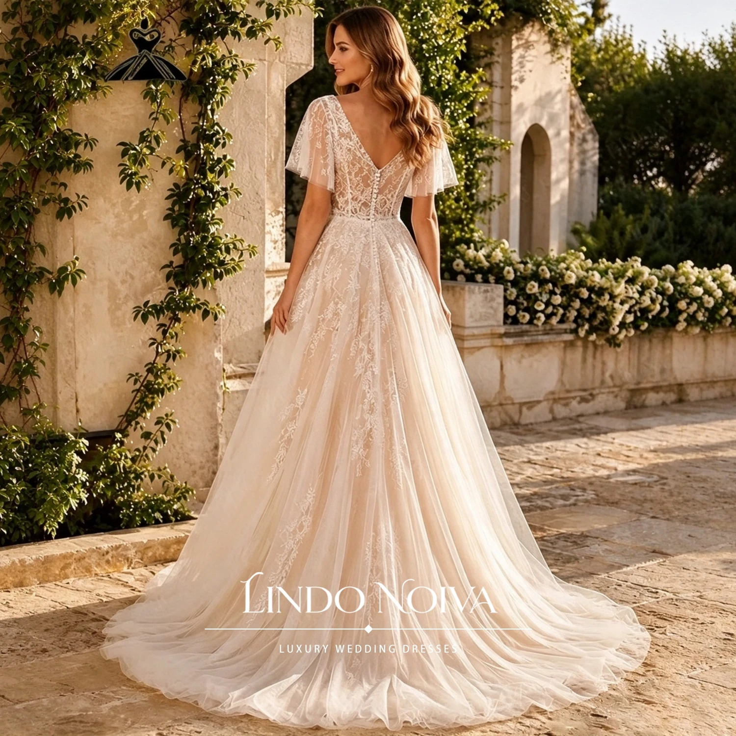 LINDO NOIVA Custom V Neck Lace Tulle A Line Wedding Dress Flutter Short Sleeves Boho Bridal Gown Sweep Train Romantic Vestidos
