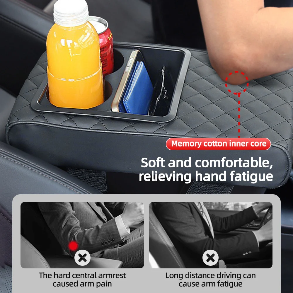 PU leather armrest pad. 2 cup holders. Comfy auto supply for better driving experience.